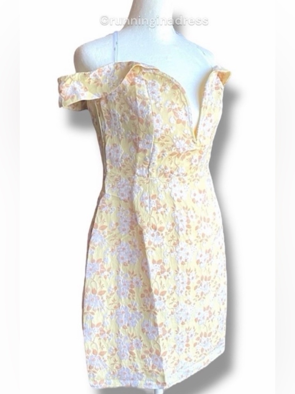 NWT Lulus Favorite Song Yellow Floral Jacquard Off-The-Shoulder Mini Dress M - Picture 5 of 9